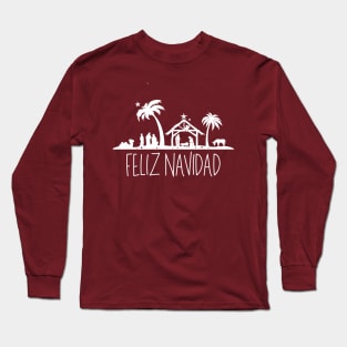 Feliz Navidad White Christmas Nativity Scene Long Sleeve T-Shirt